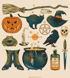 an image of halloween items with witches and pumpkins