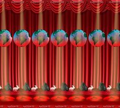 an image of a stage with sheep and globes on the red curtained area