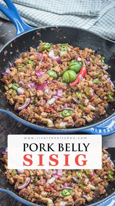 pork belly stir fry in a skillet with the title text overlay reads pork belly sisig