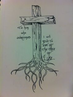 a drawing of a wooden cross with roots on it and the words to sing who overcome