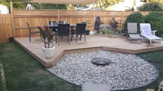 a backyard with a fire pit surrounded by gravel and chairs, an umbrella over the table