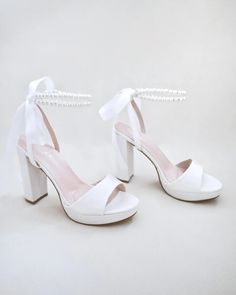 Satin Platform Block Heel Wedding Sandals with Double Pearls Strap Bridal Shower Pearl Embellished Ankle Strap Sandals, Elegant Open Toe Block Heels For Bridal Shower, Platform Block Heels For Wedding In Spring, Elegant Ankle Strap Block Heels For Bridal Shower, Wedding Platform Sandals With Block Heel, Elegant Wedding Block Heels With Platform, Shoes For Brides, Winter Formal Dresses, Platform Block Heels