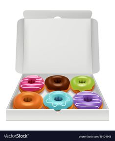 an open box with six different colored donuts