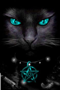 a black cat with glowing blue eyes and an inverted pentagramil around its neck