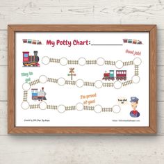 a printable potty chart with trains and train tracks on the wall next to a wooden frame