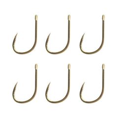 six fishing hooks on a white background