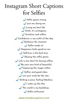 Discover a collection of fun and creative short selfie captions to level up your Instagram game! From witty one-liners to inspiring quotes, find the perfect caption to complement your selfies and express your personality. Strike a pose and let these captions do the talking! 😎📸 #SelfieCaptions #InstagramCaptions #FunCaptions Short Selfie Captions, Cute Selfie Captions, Instagram Post Captions, Short Captions, Funny Instagram Captions