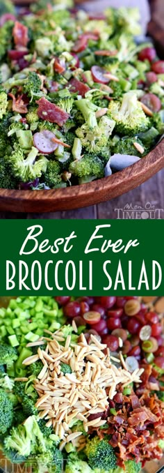 broccoli salad with red beans and green onions in a wooden serving dish on a wood table