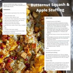 the recipe for butternut squash and apple stuffing is shown in an image above it