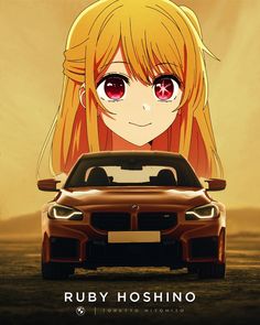 an anime character with long blonde hair and red eyes next to a brown bmw car