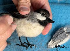 a person is holding a needle and thread to a small bird on a blue surface