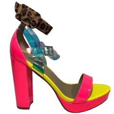 These Eye Catching Heels Are Certain To Be A Show Stopper! -Color - Neon Pink And Yellow With Leopard Print And Holographic Strap -Platform -Open Toe -Adjustable Ankle Strap -Synthetic Materials -Approx 5” Heel -Approx 1” Platform -Never Been Worn! Offers Welcome! -Smoke Free Home! -Fast Shipping! -Top Rated Seller! Neon Yellow Party Heels In Synthetic Material, Bold Pink Summer Heels, Trendy Neon Yellow Party Sandals, Neon High Heels For Summer, Trendy Neon Yellow Round Toe Heels, Bold Pink Heels For Summer, Trendy Neon Yellow Sandals For Party, Neon High Heel Summer Shoes, Bold Yellow Summer Heels