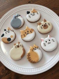 a white plate topped with different types of decorated cookies on top of a wooden table