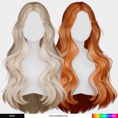 two wigs with different colored hair are shown in three different colors, one is blonde and the other is red