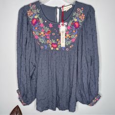 Nwt Luna Moon Embroidered Flowy Balloon Sleeve Grey/Blue Blouse Size Small Pit To Pit- 21.5” Length- 26.5” Blue Peasant Top With Floral Embroidery For Spring, Blue Embroidered Long Sleeve Top For Spring, Blue Floral Embroidery Peasant Top For Spring, Blue Floral Embroidered Peasant Top For Spring, Blue Long Sleeve Embroidered Top For Spring, Bohemian Cotton Tops With Moon Print, Blue Long Sleeve Embroidered Top With Floral Design, Blue Long Sleeve Top With Floral Embroidery, Blue Long Sleeve Blouse With Floral Embroidery