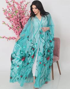 Dubai Abaya Mesh Floral Sequins Batwing Sleeves Muslim Women Cardigans Abaya Cardigan, Dubai Women, Kaftan Gown, Embroidered Kaftan, Modest Evening Dress, Kaftan Abaya, Dubai Abaya, Open Abaya, Moroccan Kaftan