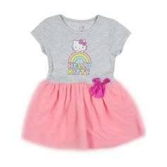 Toddler girls' tutu dress features the adoreable Hello Kitty with a rainbow and a light dusting of glitter. Top has a round neckline and cap sleeves. Tutu is a tulle material with a silky inner lining. Top: 58% Cotton/42% Polyester; Skirt: 100% Polyester. In Heather Gray/Pink. Machine washable. Imported. Size: 3T.  Gender: female. Hello Kitty Tutu, Kids Denim Dress, Girls Jean Dress, Hello Kitty Baby, Hello Kitty Dress, Shoe Websites, Toddler Tutu, Girls Tutu Dresses, Rompers For Kids