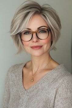 Click for More ➡️ | Save for Later ❤️  A bold undercut bob that’s short on one side and longer on the other. The cool beige color adds a neutral yet sophisticated touch, perfect for pairing with statement glasses. (Cool Beige Undercut Bob - Short Hairstyles For Women Over 50 With Glasses) Bold Undercut, Statement Glasses, Trendy Short Hairstyles, Undercut Bob, Messy Bob Hairstyles, Hairstyles With Glasses, Hairstyles For Women Over 50, Wearing Glasses