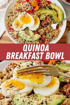 quinoa breakfast bowl with an egg and avocado on the side is shown