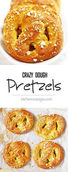 several different types of pastries on top of each other with the words crazy dough pretzels above them