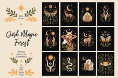 the book cover for dark magic forest, with illustrations of deers and other animals