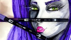 a drawing of a woman with purple hair and green eyes has two markers in front of her face