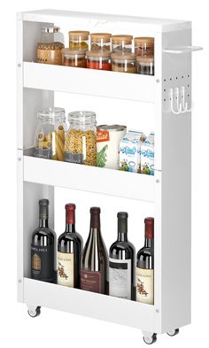 an image of a wine rack with bottles and spices on it's shelfs