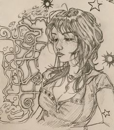 a pencil drawing of a girl with stars and swirls on her head looking at something in the distance