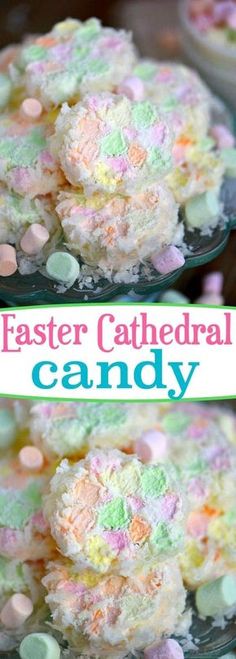 this easter cake is made with marshmallows and colored candies for the filling