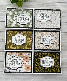 four thank you cards with flowers and leaves on them, all in black and white