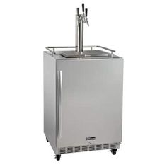 a stainless steel beverage dispenser on wheels with nozzles and handles