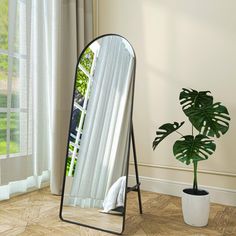 a large mirror sitting on top of a wooden floor next to a potted plant