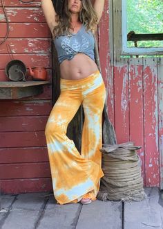 "first pics: gold td... super soft brushed poly spandex blend MANY MORE TIE DYE OPTIONS OTHER THAN WHAT IS SHOWN HERE! PERFECT ALL AROUND PANTS FOR summer. lightweight soft and stretchy brushed poly lycra blend yoga lounge bell bottom flare pants with optional fold over double layer 6\" waistband for hiding 'love handles' or just keeping you feeling snug and covered. fold down the waistband for a low waist look. if you'd prefer wide leg gaucho look just message me! soft and comfy fabric. fitted Resort Casual, Gaucho Pants, Gold Tie, Tie Dye Fabric, Grey Tie Dye, Beach Pants, Bell Bottom, Beach Resort, Low Waist