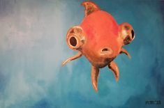 a painting of a goldfish swimming in the blue water with its mouth open and eyes wide open