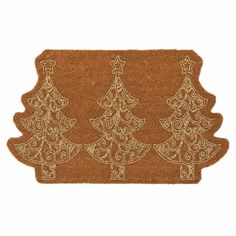 a brown door mat with three christmas trees on the front and side, in gold foil