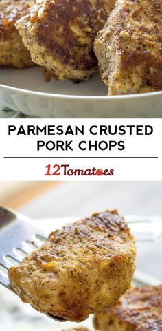 pork chops on a fork with the words, parmesan crusted pork chops