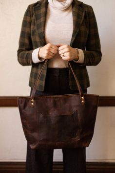 Brown leather diaper bag.  Leather tote bags with pockets for women. Leather shoulder purse for scho Tote Bags With Pockets, Purse For School, Bags With Pockets, School Purse, Leather Diaper Bag, Tote Bag With Pockets, Brown Leather Tote Bag, Work Handbag, Leather Tote Bags