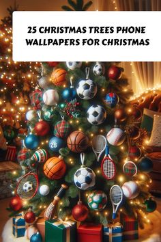 a christmas tree with balls and tennis rackets on it