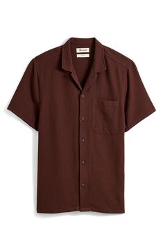 Relaxed Fit Short Sleeve Waffle Knit Tops, Relaxed Fit Waffle Knit Top With Short Sleeves, Brown Relaxed Fit Camp Shirt With Short Sleeves, Brown Relaxed Fit Short Sleeve Camp Shirt, Button Down Outfit, Mens Street Style Summer, Dark Coffee, Simple Shirts, Waffle Weave