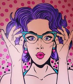 a painting of a woman with purple hair and glasses covering her eyes, holding her hands up to her ears