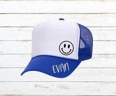 Customized Smiley Face Infant/Toddler/Kids/Youth/Adults Trucker Hats Materials: Polyester, Nylon, Foam, Vinyl Size and Fit:  *Adult: 22.8 inches +/-3 in circumference, Recommended for 12 years and up *Youth: 54.5cm/21.5 inches +/- 3, Recommended for ages 6 - 12 *Kids/Todder: 54cm/21 inches +/- 3, Recommended for age 18 months - 6 *Baby: 15 - 19 inches, Recommended for age 0 - 18 months Sizing is based on average head circumference for age groups. If your child's head is on the larger size, order Playful White Hat With Adjustable Fit, White Playful Hat With Adjustable Fit, Casual White Hat For Playtime, Fun White Hats For Play, Fun White Hat For Play, Playful Sports Trucker Hat, Casual White Trucker Hat For Birthday, Casual White Hat For Birthday, Cricket Joy Projects Craft Ideas