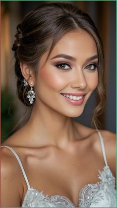 a beautiful woman in a white dress smiling at the camera with her hair pulled back