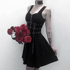 Chain Eyelet Web Zipper Harajuku Black Mini Dress Styl Goth, Goth Prom Dress, Black Gothic Dress, Harness Dress, Punk Dress, Grunge Dress, Goth Dress, Flare Mini Dress, Gothic Dress