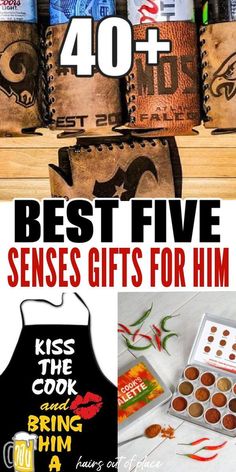 the best five sense gifts for him are on display in front of an assortment of spices