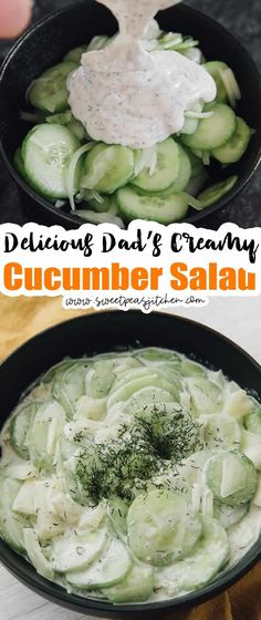 cucumber salad with ranch dressing in a black bowl