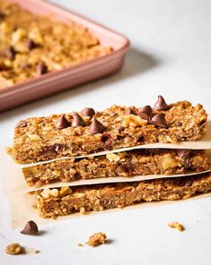 chocolate chip granola bars stacked on top of each other