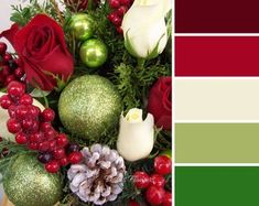 a vase filled with flowers and greenery next to a color palette swat list for the holiday season