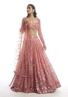 Vvani By Vani Vats-Coral Mirror Gradation Lehenga Set-INDIASPOPUP.COM Heart Neck Blouse, Mirror Skirt, Mirror Dupatta, Coral Mirror, Sweet Heart Neck, Vani Vats, Lehenga Dupatta, Organza Lehenga, Purple Mirror