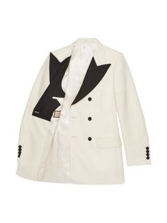 Gucci contrasting-lapel double-breasted Jacket - Farfetch Elegant Cream Gucci Outerwear, Classic Gucci Cream Outerwear, Classic Cream Gucci Outerwear, Gucci Elegant Blazer With Notch Lapel, Gucci Tailored Double-breasted Blazer, Elegant Gucci Blazer With Notch Lapel, Classic White Wool Suit, Gucci Double-breasted Formal Blazer, Gucci Notch Lapel Suits For Work