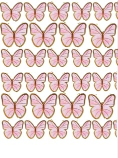 pink butterflies with gold trims are arranged in rows on a white background, and the image is made out of cookies